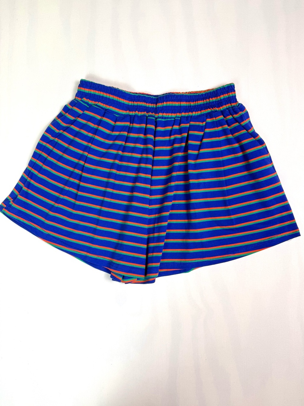BURU Blue Orange Green Striped Pull On Shorts Elastic Waist Medium